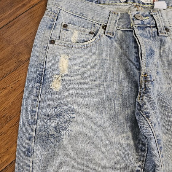 VINTAGE junior's LEVI'S #513 slouch boot cut JEANS distressed IMPRINTED DESIGN - Picture 7 of 16